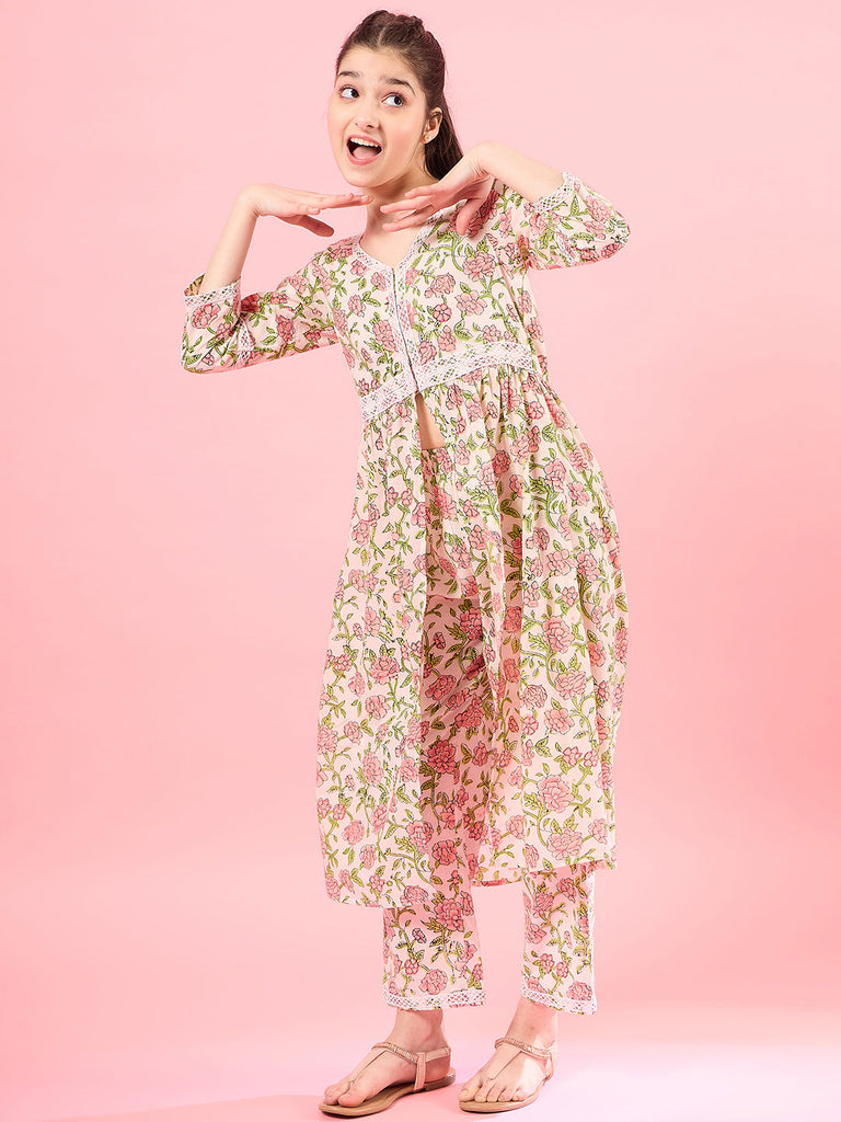 Girls Floral V-Neck Gotta Patti Pure Cotton A-Line Empire Kurta With Trouser (IW-FLORALJAAL)