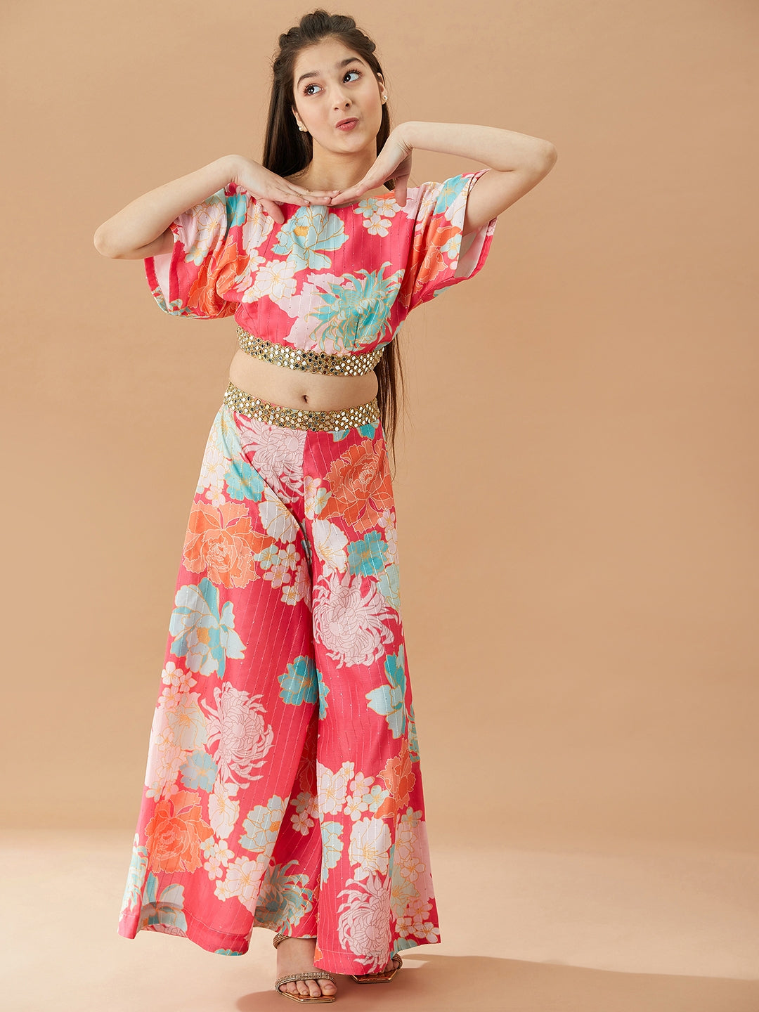 Girls Floral Printed Pure Cotton Top with Palazzos (IW-FLORALMAGENTA)
