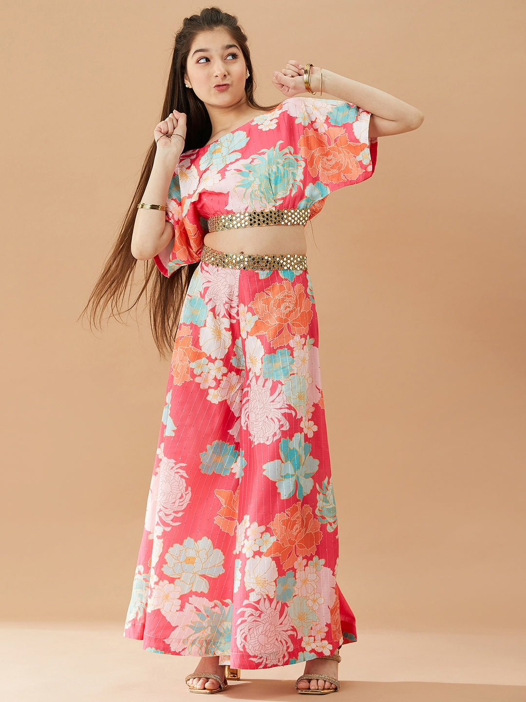 Girls Floral Printed Pure Cotton Top with Palazzos (IW-FLORALMAGENTA)
