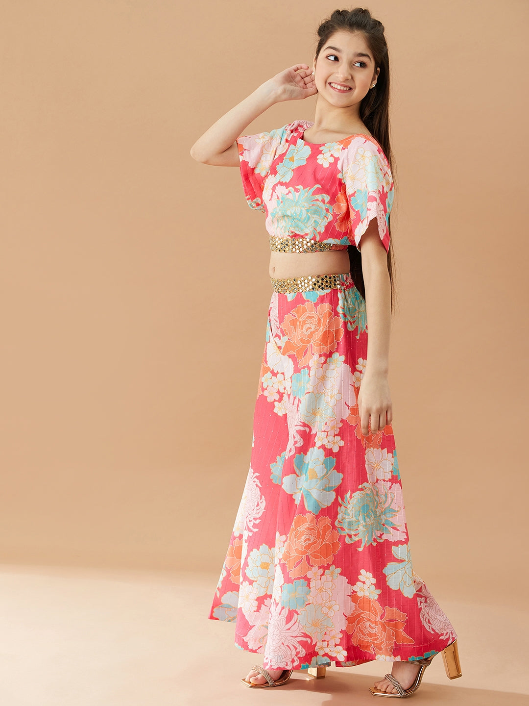 Girls Floral Printed Pure Cotton Top with Palazzos (IW-FLORALMAGENTA)