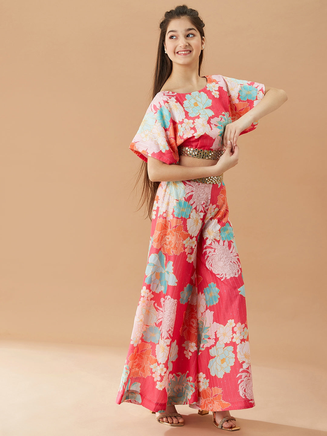 Girls Floral Printed Pure Cotton Top with Palazzos (IW-FLORALMAGENTA)