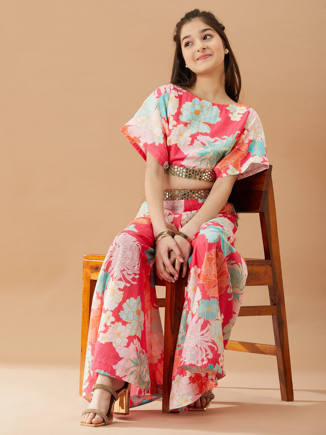Girls Floral Printed Pure Cotton Top with Palazzos (IW-FLORALMAGENTA)