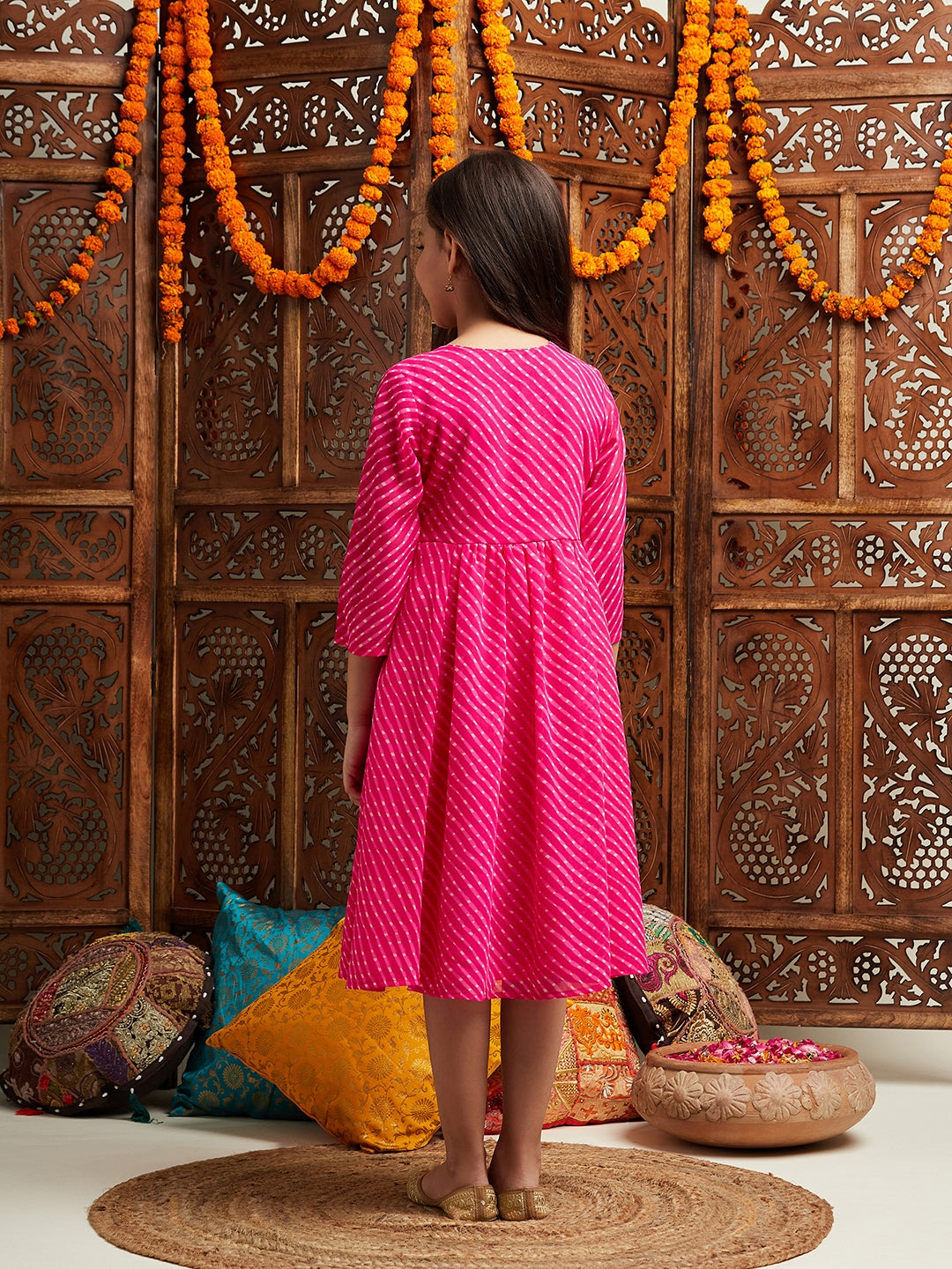 Pspeaches Girls Printed & Embroidered Fit & Flare Georgette Ethnic Dress (IW-GOTAMAGENTA)