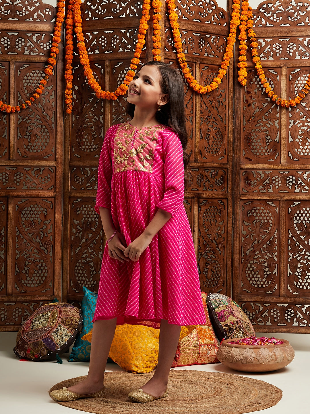 Pspeaches Girls Printed & Embroidered Fit & Flare Georgette Ethnic Dress (IW-GOTAMAGENTA)