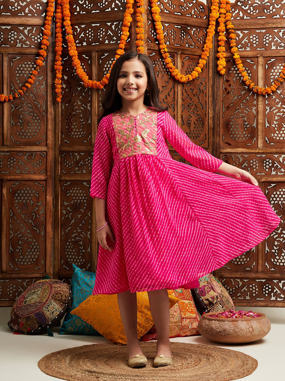 Pspeaches Girls Printed & Embroidered Fit & Flare Georgette Ethnic Dress (IW-GOTAMAGENTA)