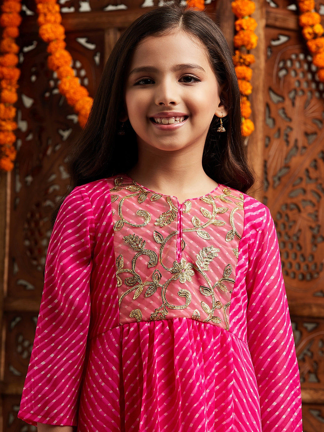 Pspeaches Girls Printed & Embroidered Fit & Flare Georgette Ethnic Dress (IW-GOTAMAGENTA)