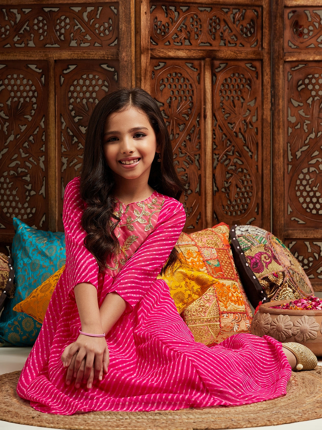 Pspeaches Girls Printed & Embroidered Fit & Flare Georgette Ethnic Dress (IW-GOTAMAGENTA)