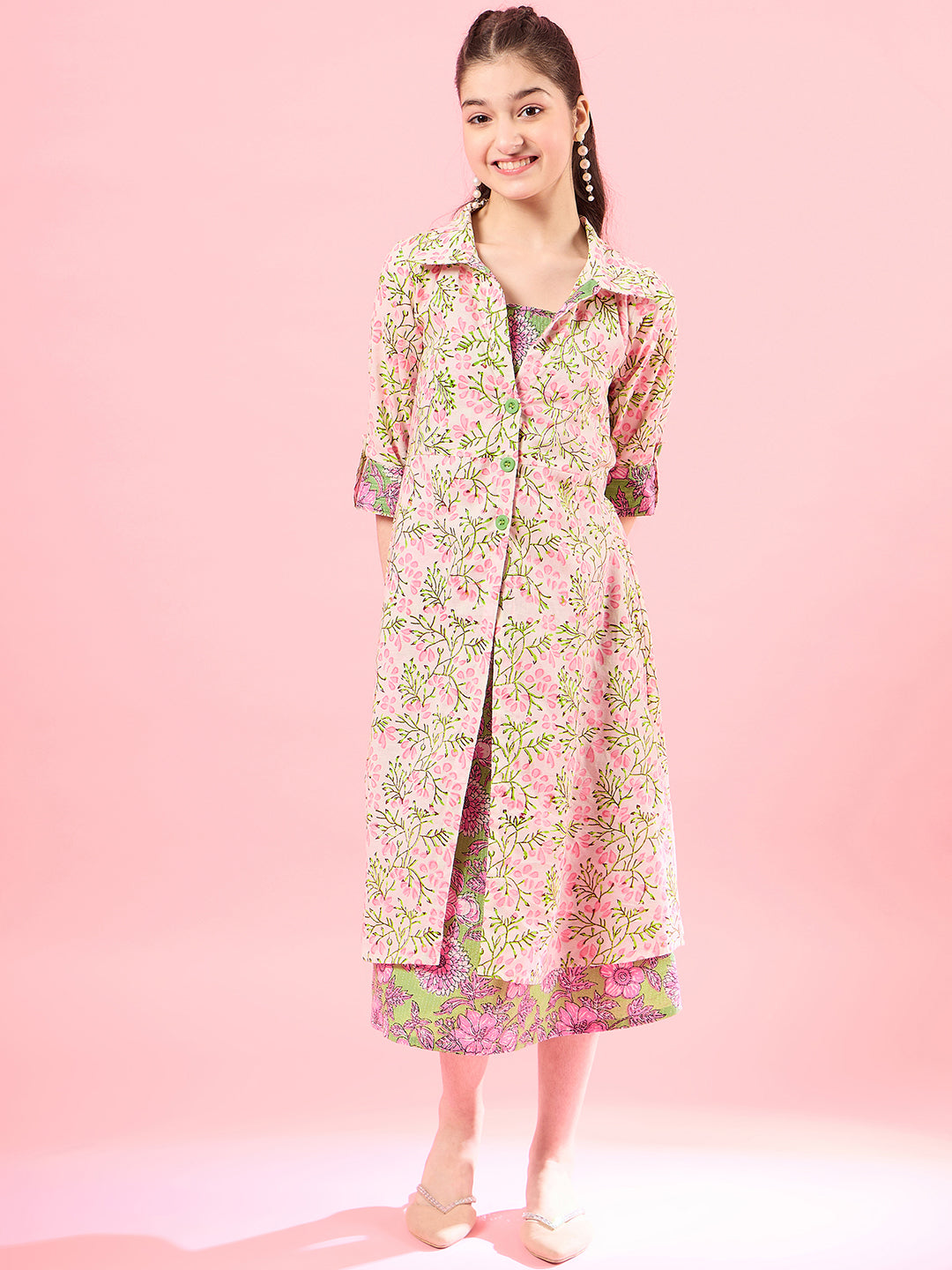 Girls Floral Print Square Neck Shoulder Straps Cotton A-Line Midi Dress (IW-GREENDOBBY)
