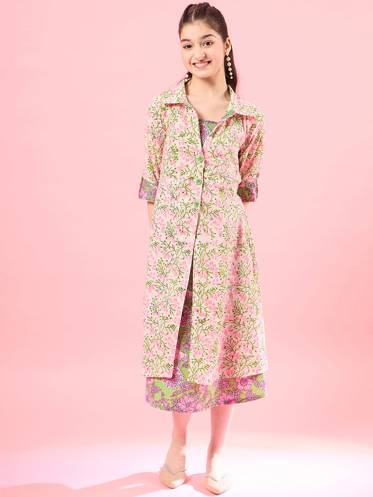 Girls Floral Print Square Neck Shoulder Straps Cotton A-Line Midi Dress (IW-GREENDOBBY)