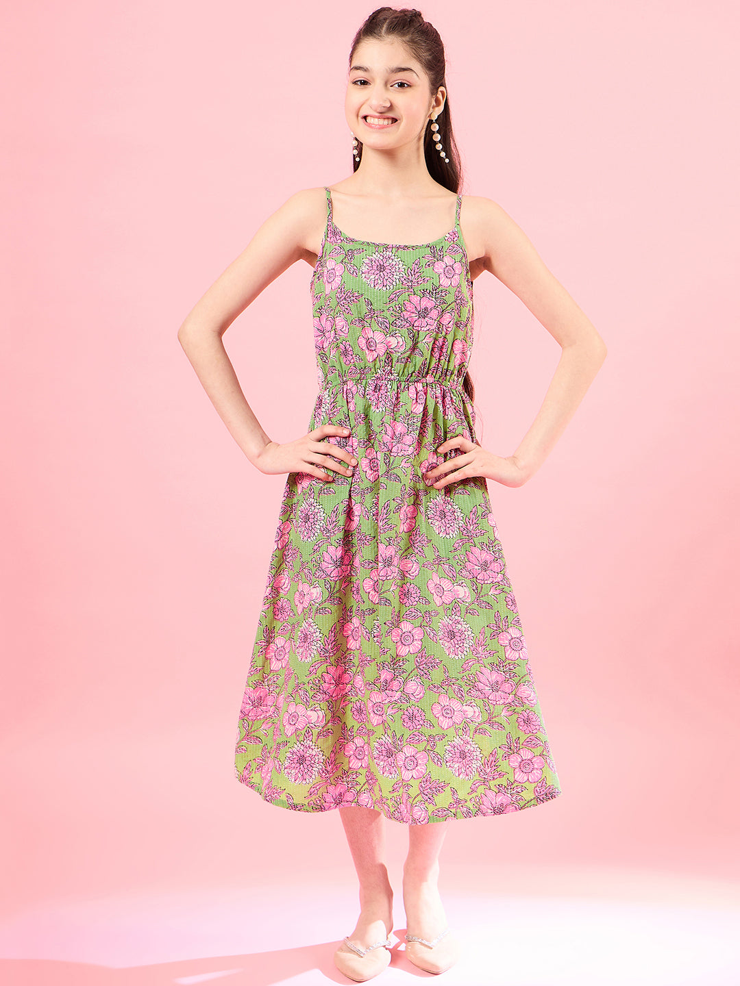 Girls Floral Print Square Neck Shoulder Straps Cotton A-Line Midi Dress (IW-GREENDOBBY)