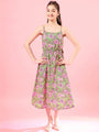 Girls Floral Print Square Neck Shoulder Straps Cotton A-Line Midi Dress (IW-GREENDOBBY)