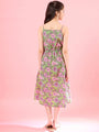 Girls Floral Print Square Neck Shoulder Straps Cotton A-Line Midi Dress (IW-GREENDOBBY)