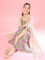 Girls Floral Print Square Neck Shoulder Straps Cotton A-Line Midi Dress (IW-GREENDOBBY)