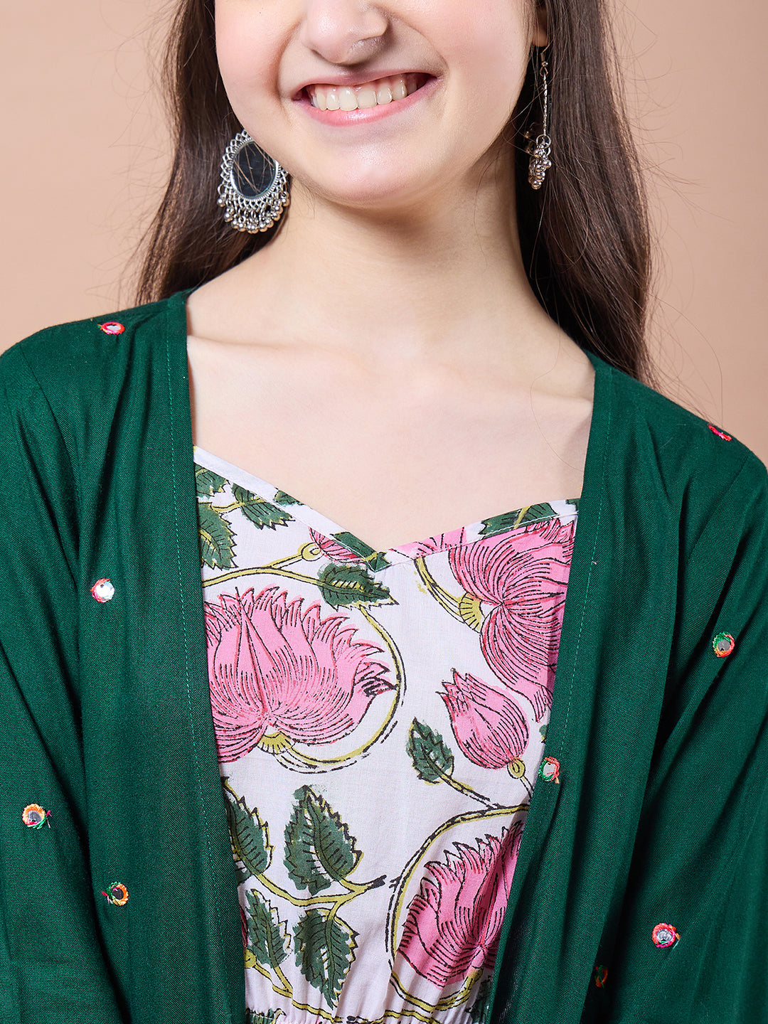 Girls Green floral print empire dress Square Neck Empire Cotton Midi Dress (IW-GREENMIRROR)