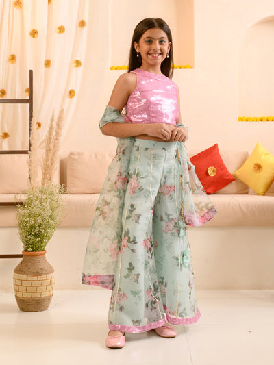 Girls Embellished Top With Palazzos (IW-GREENORGANZAROSE)