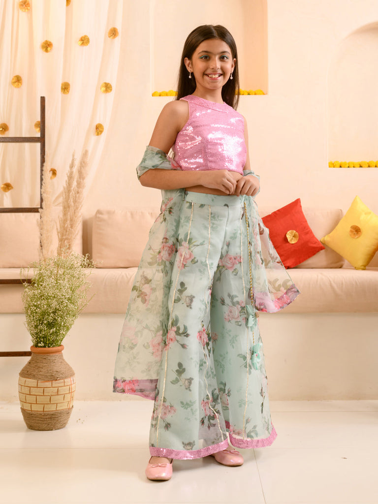 Girls Embellished Top With Palazzos (IW-GREENORGANZAROSE)