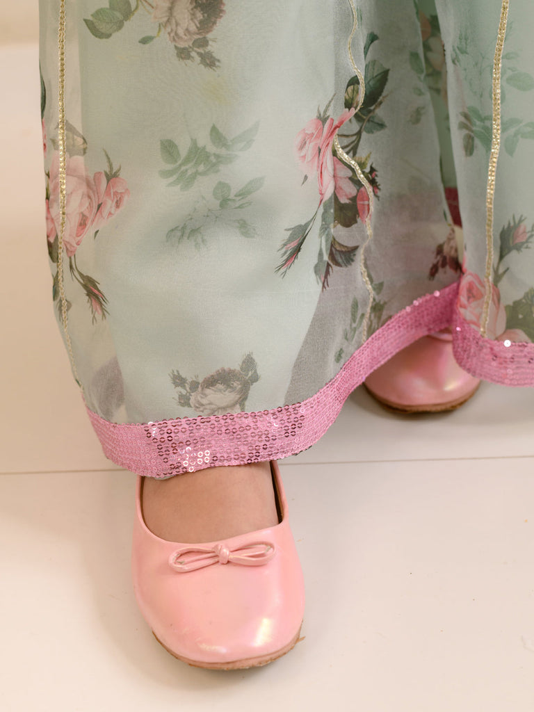 Girls Embellished Top With Palazzos (IW-GREENORGANZAROSE)
