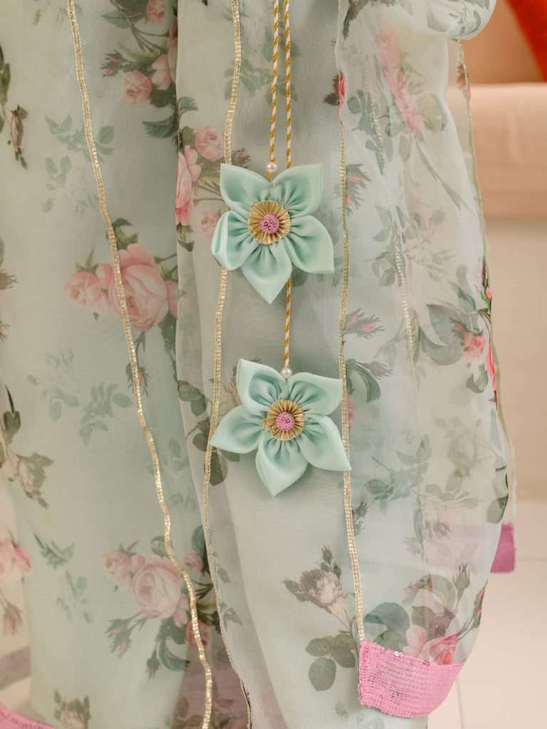 Girls Embellished Top With Palazzos (IW-GREENORGANZAROSE)