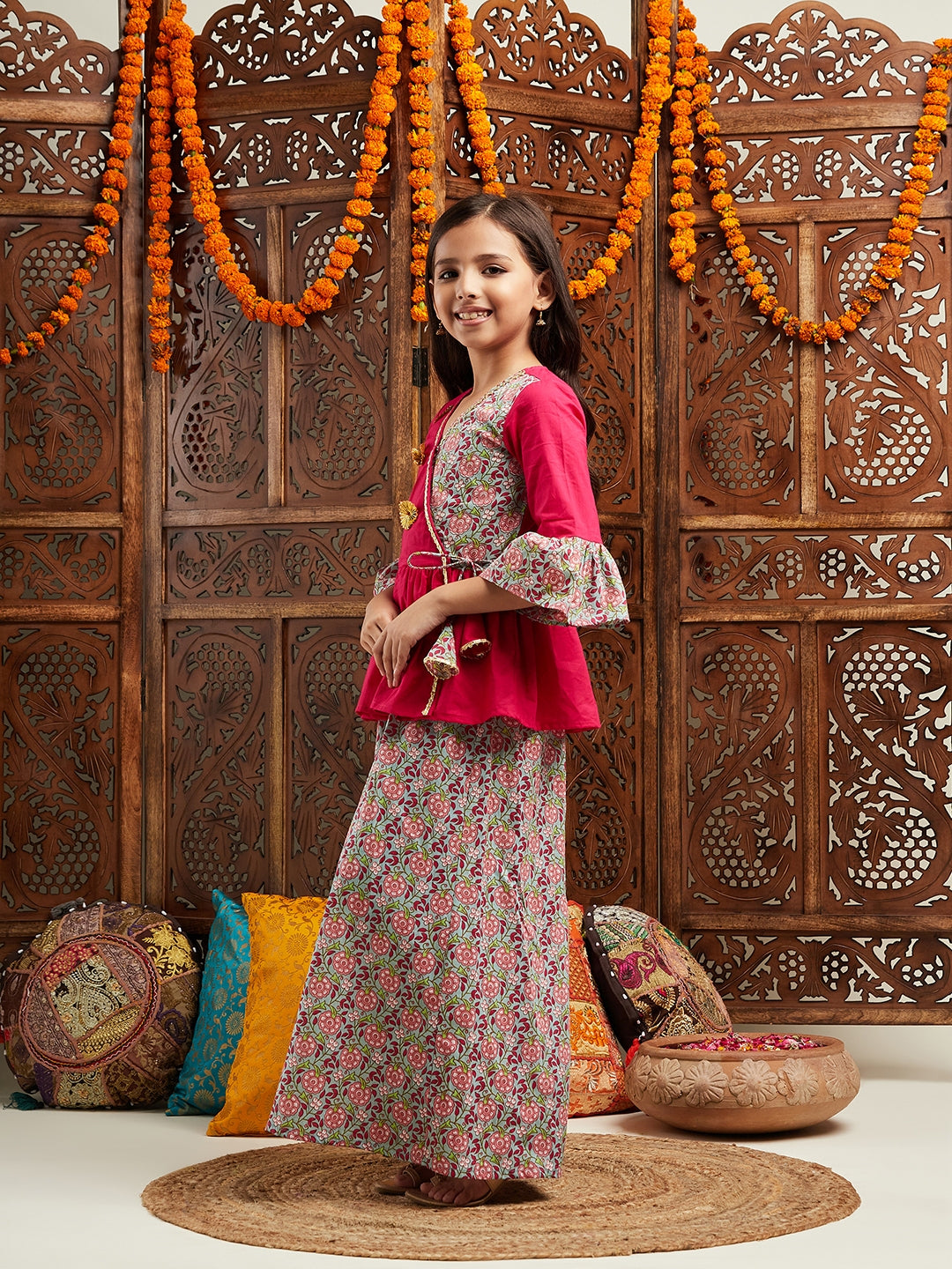 Pspeaches Girls Floral Printed Gotta Patti Bell Sleeves Pure Cotton Top With Palazzos (IW-GREYMULTI)