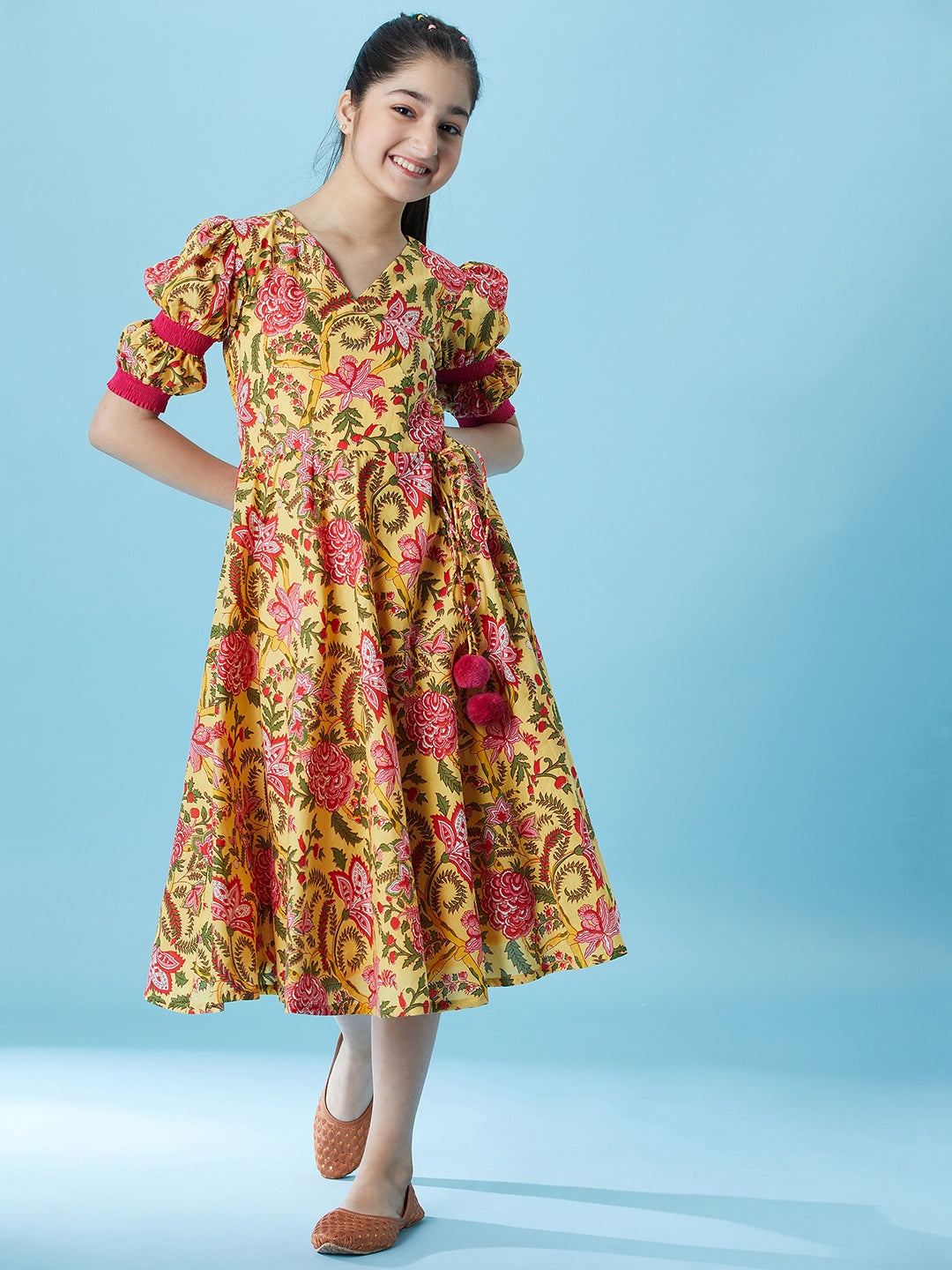 Girls Floral Printed A-Line Midi Dress (IW-JAALYELLOW)