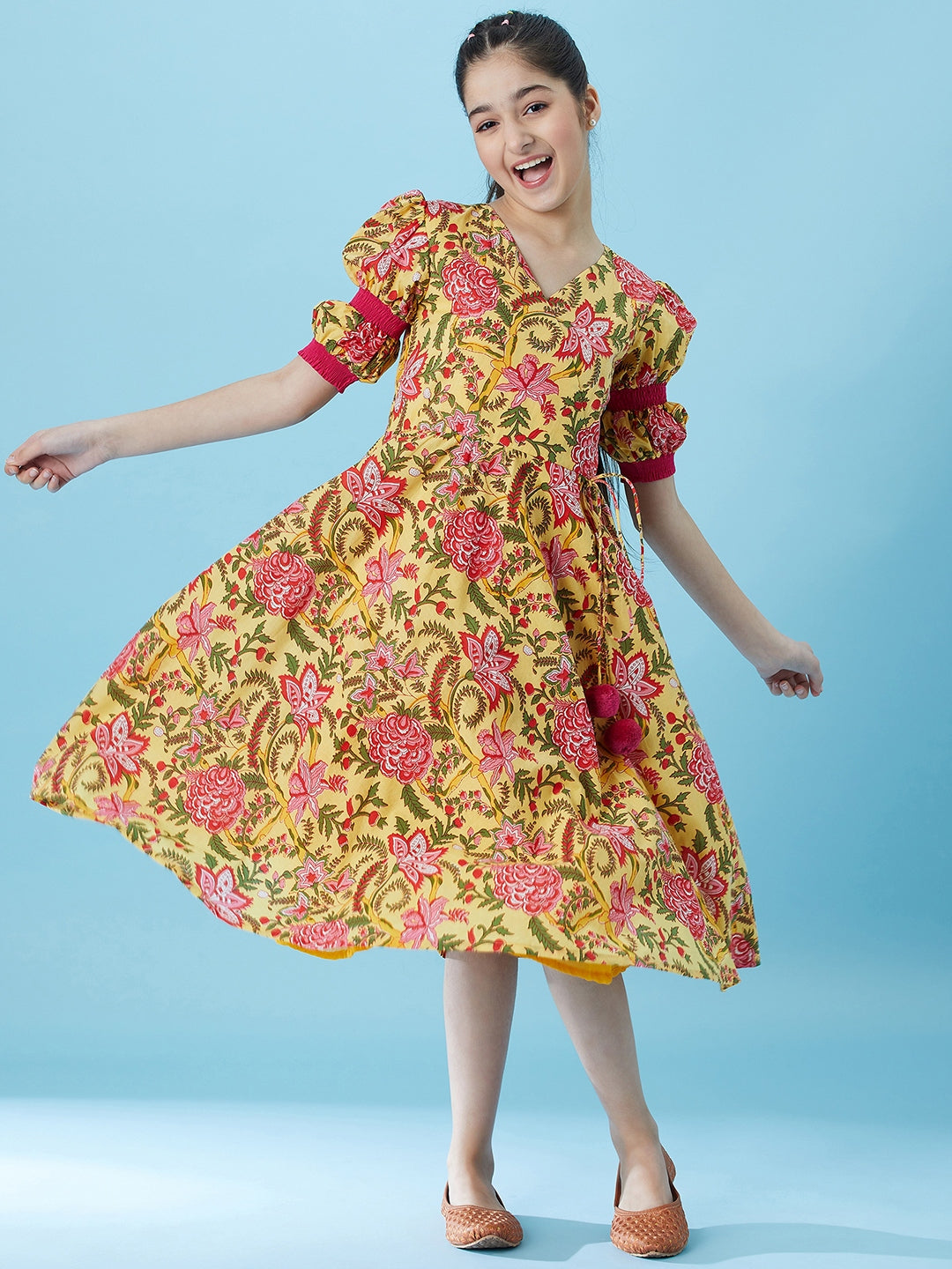 Girls Floral Printed A-Line Midi Dress (IW-JAALYELLOW)
