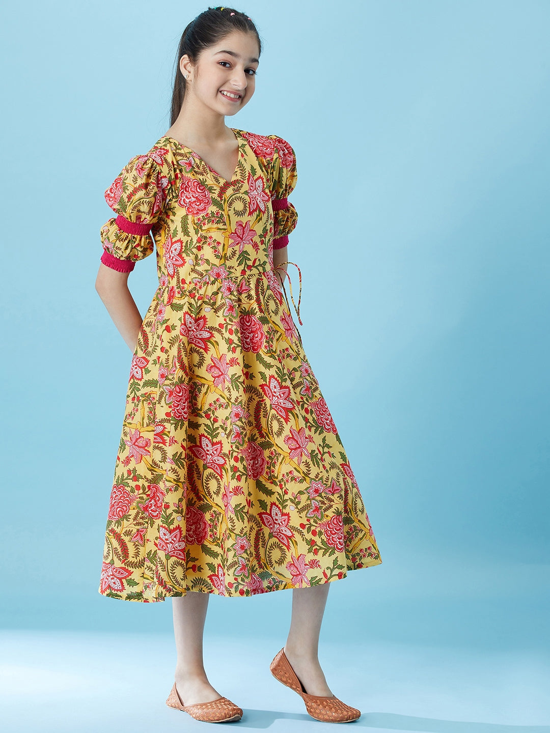 Girls Floral Printed A-Line Midi Dress (IW-JAALYELLOW)