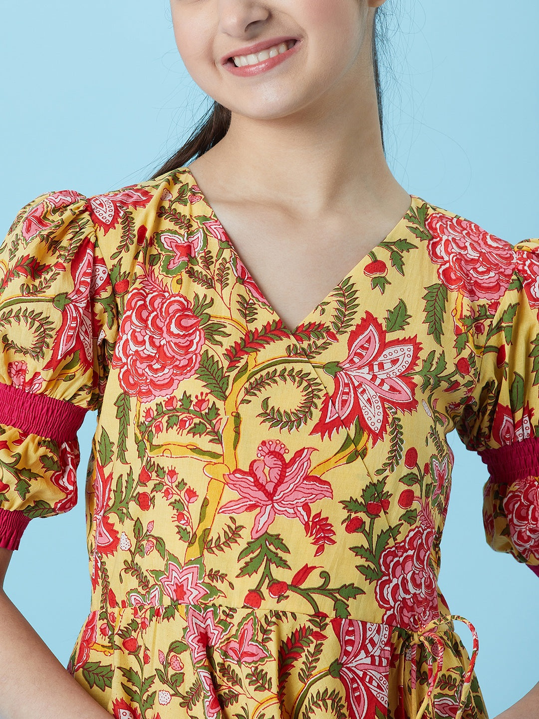 Girls Floral Printed A-Line Midi Dress (IW-JAALYELLOW)