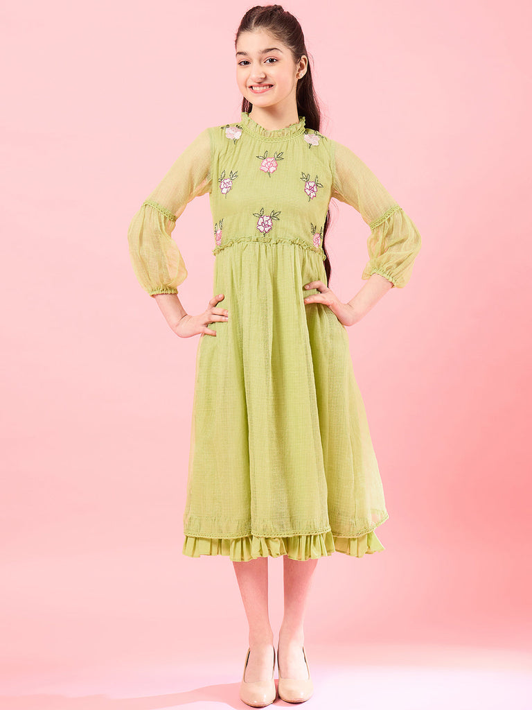 Girls Yellow solid fit & flare dress High Neck Puff Sleeves Opaque Midi Casual Dress (IW-LIMEKOTAEMB)