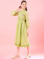Girls Yellow solid fit & flare dress High Neck Puff Sleeves Opaque Midi Casual Dress (IW-LIMEKOTAEMB)