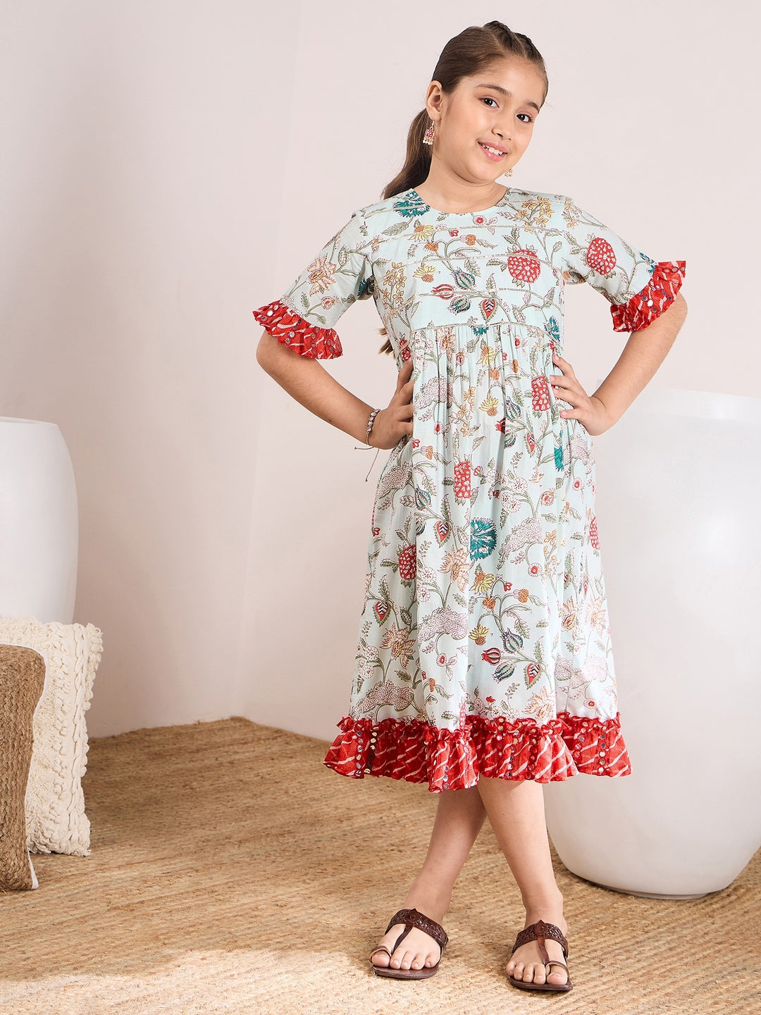 Floral Printed Bell Sleeves Cotton A-Line Midi Dress (IW-LTBLUEJAAL)