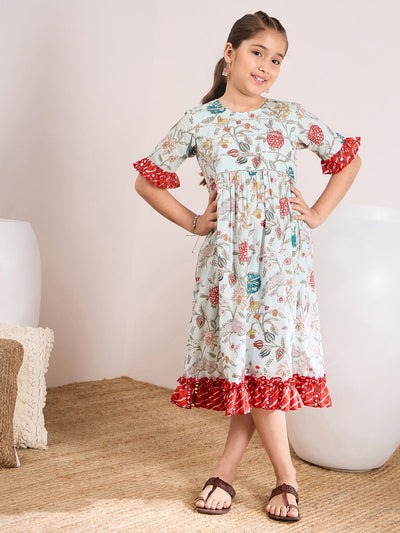 Floral Printed Bell Sleeves Cotton A-Line Midi Dress (IW-LTBLUEJAAL)