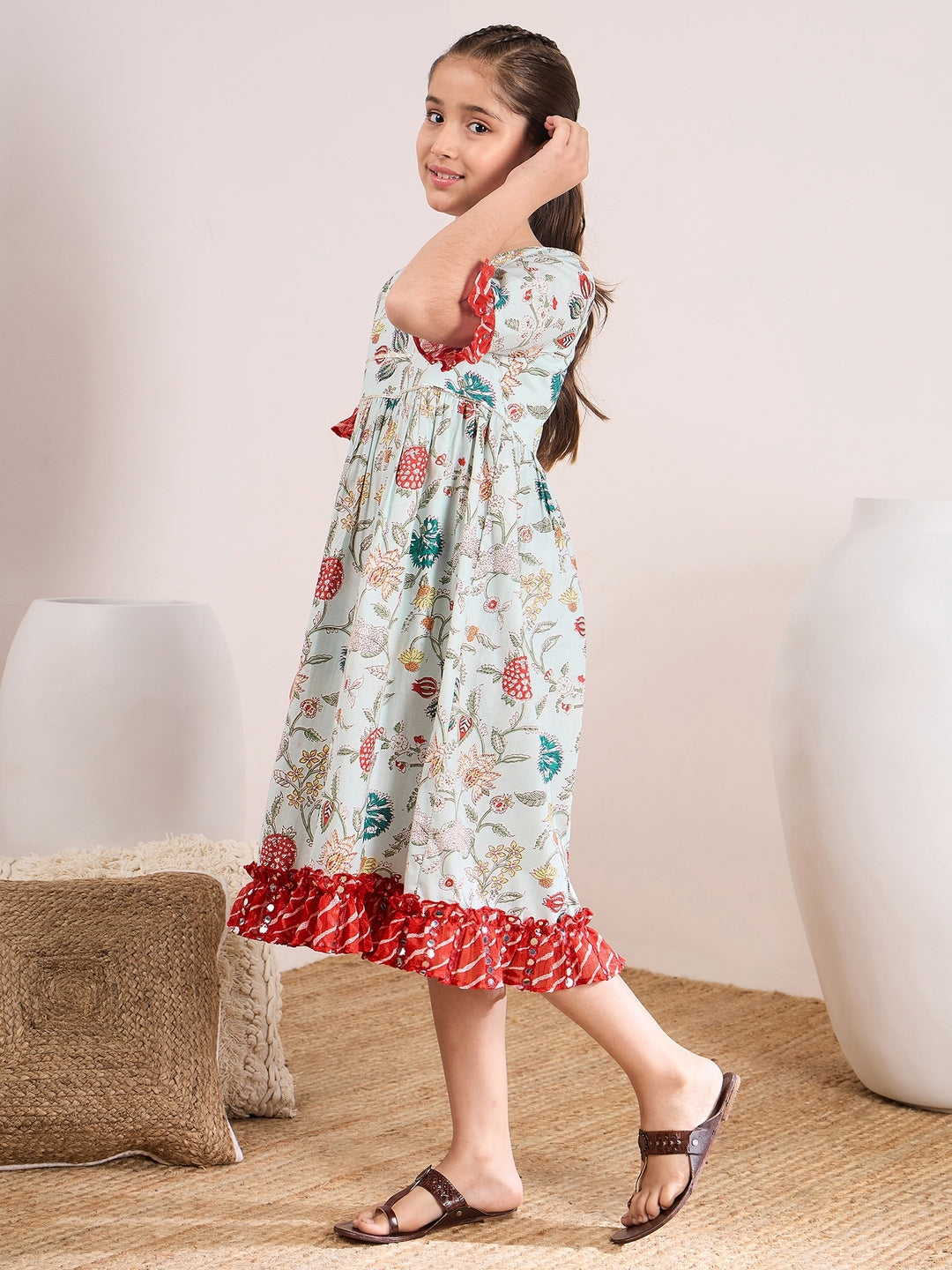 Floral Printed Bell Sleeves Cotton A-Line Midi Dress (IW-LTBLUEJAAL)