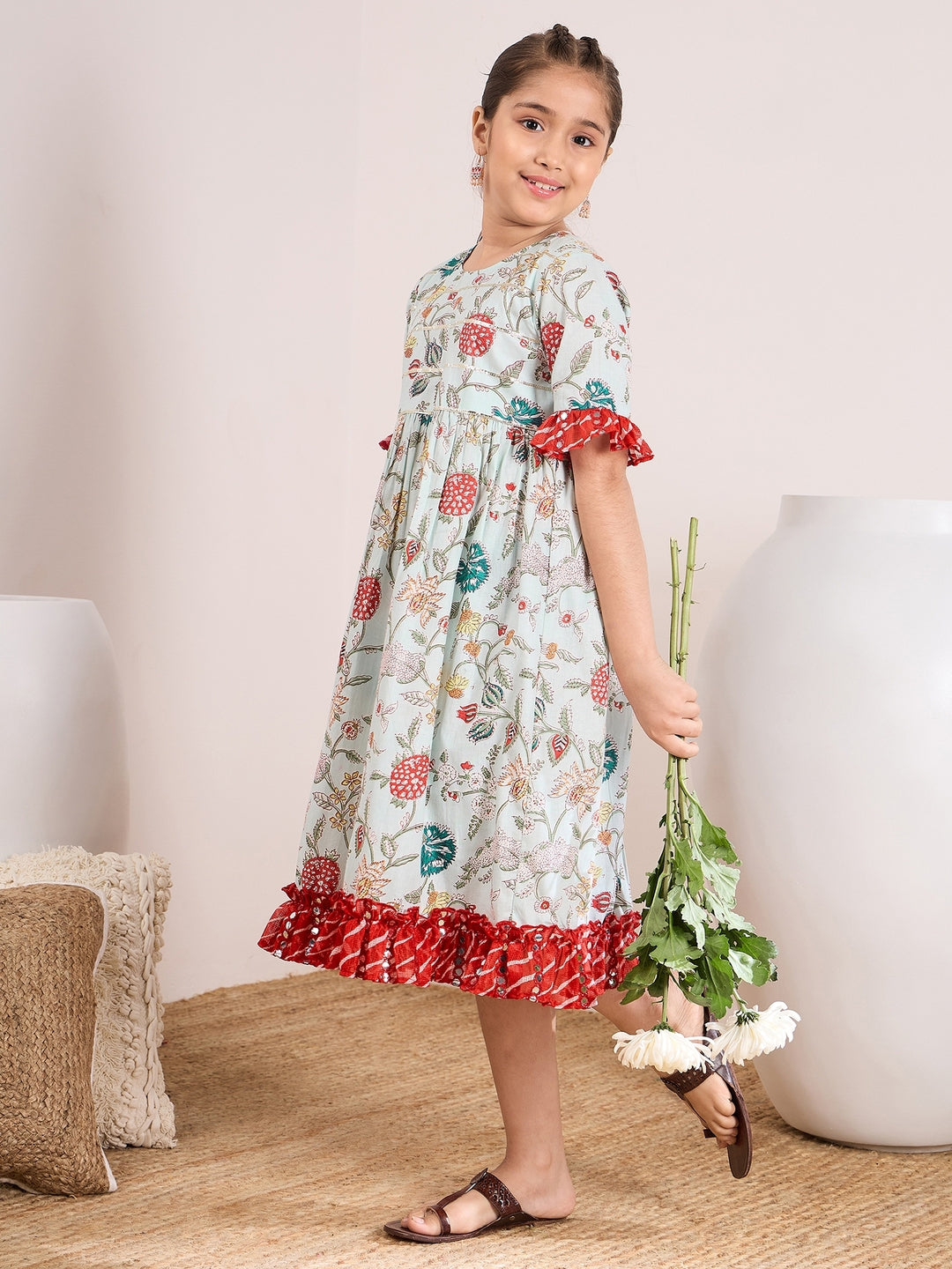Floral Printed Bell Sleeves Cotton A-Line Midi Dress (IW-LTBLUEJAAL)