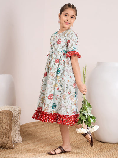 Floral Printed Bell Sleeves Cotton A-Line Midi Dress (IW-LTBLUEJAAL)