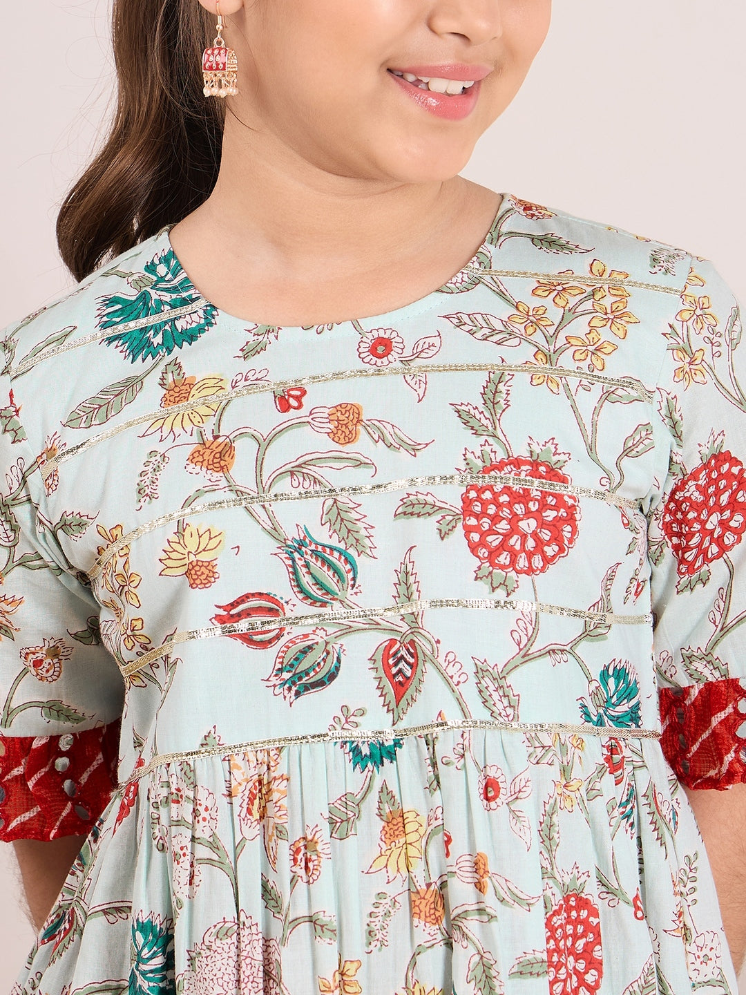 Floral Printed Bell Sleeves Cotton A-Line Midi Dress (IW-LTBLUEJAAL)