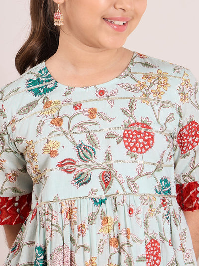 Floral Printed Bell Sleeves Cotton A-Line Midi Dress (IW-LTBLUEJAAL)