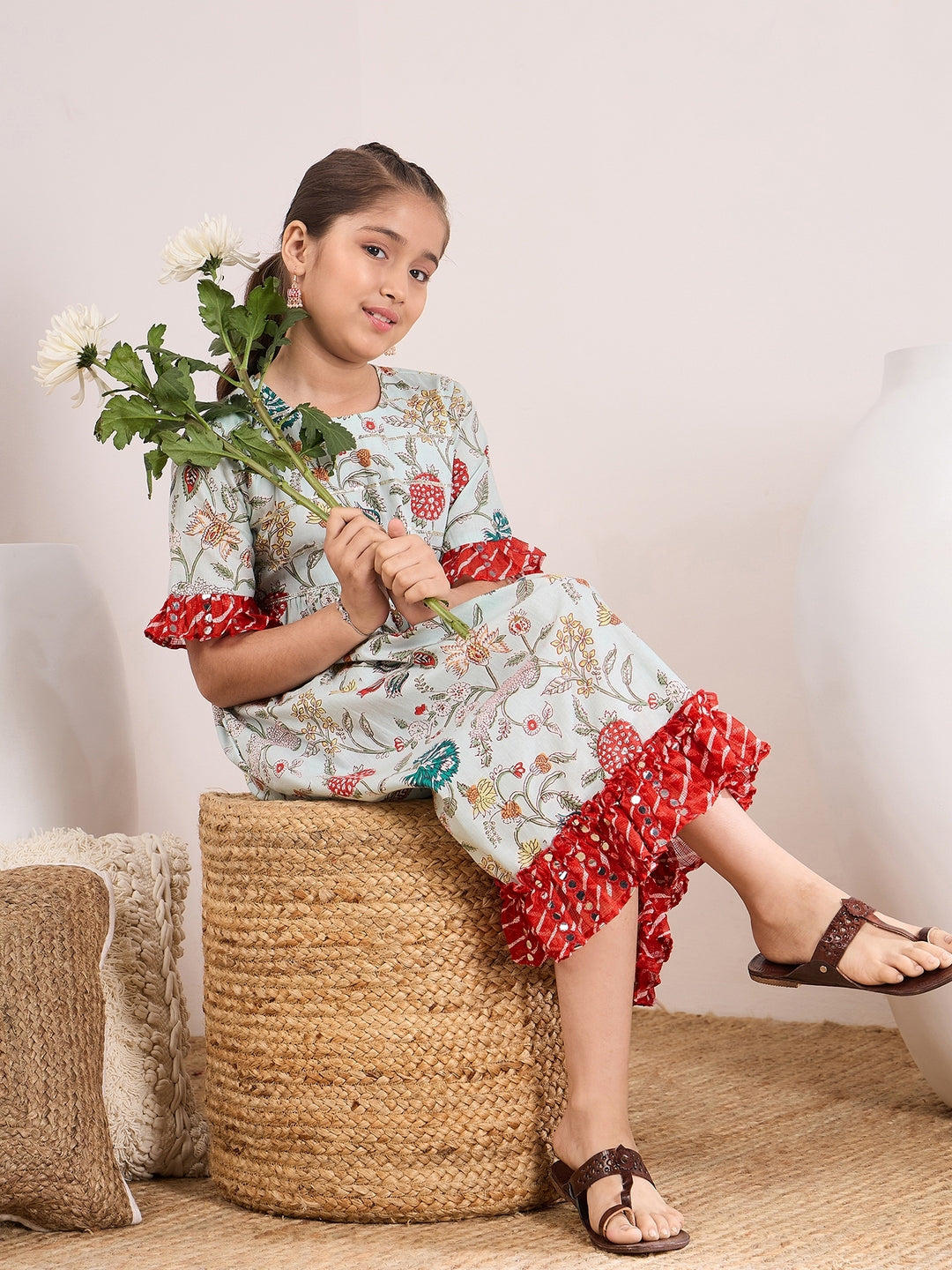 Floral Printed Bell Sleeves Cotton A-Line Midi Dress (IW-LTBLUEJAAL)