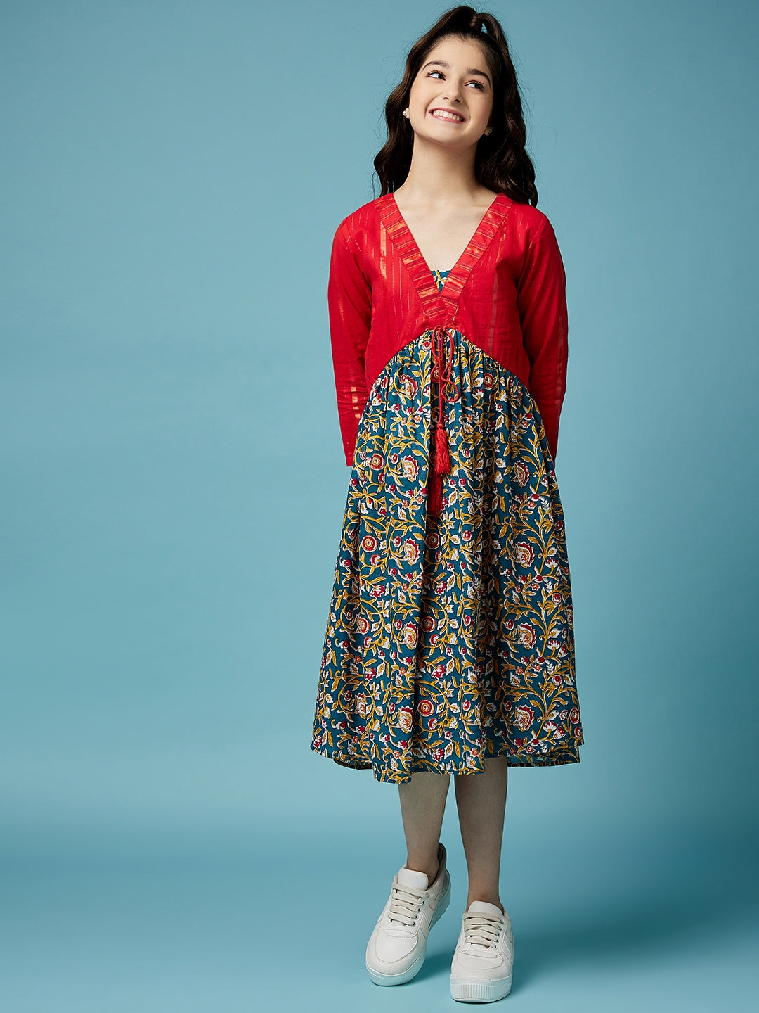Floral Printed A-Line Cotton Midi Dress (IW-LUREXJAAL)