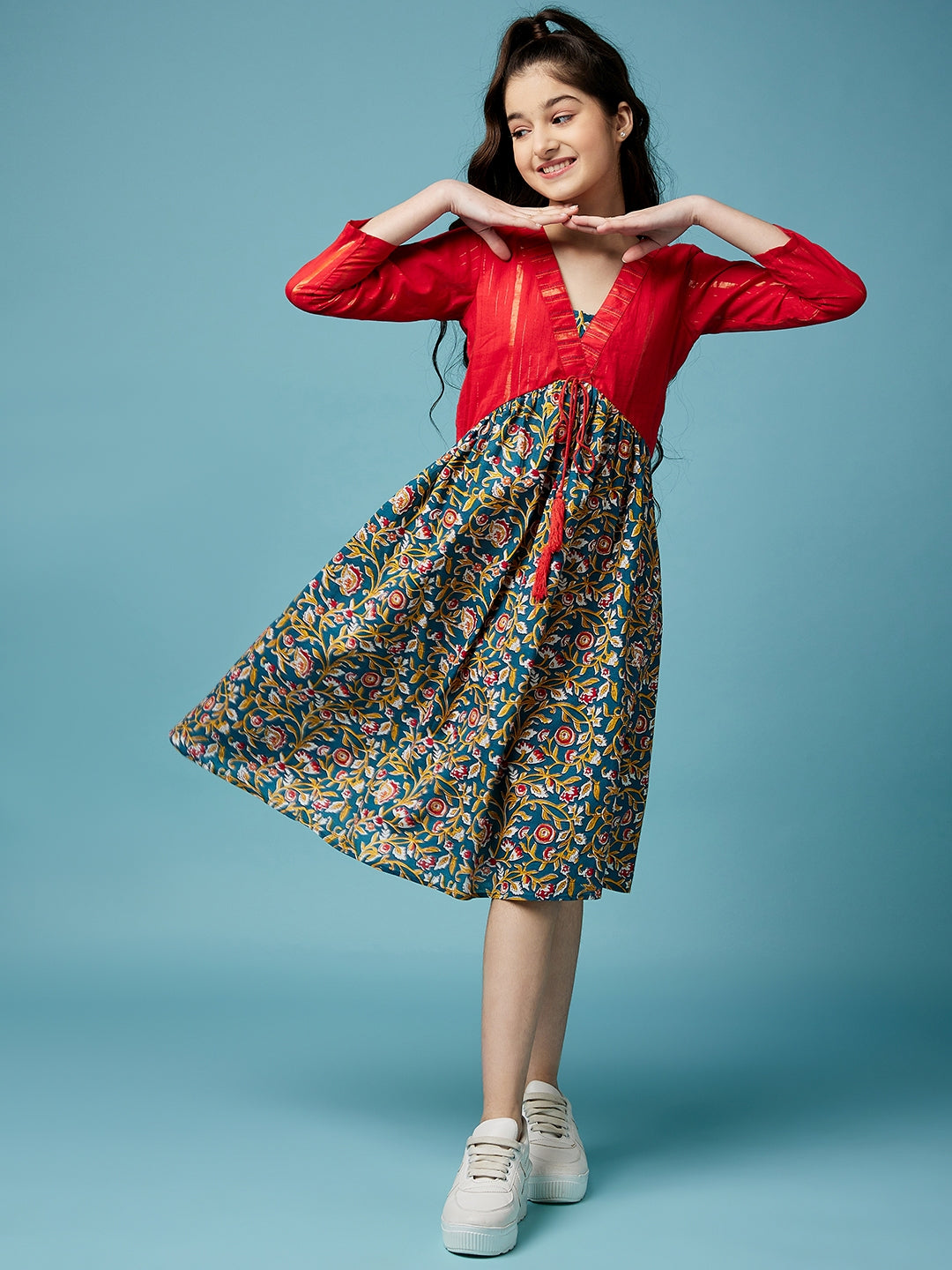 Floral Printed A-Line Cotton Midi Dress (IW-LUREXJAAL)
