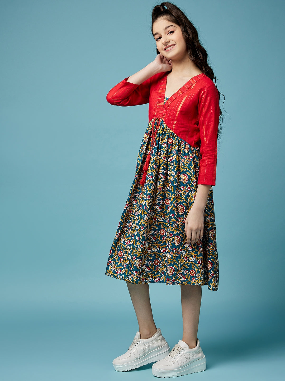 Floral Printed A-Line Cotton Midi Dress (IW-LUREXJAAL)