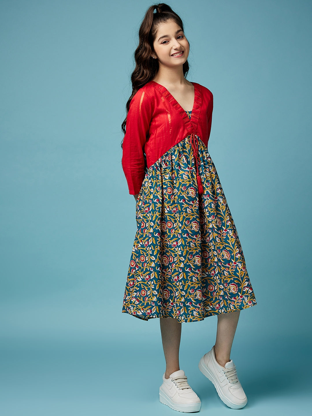 Floral Printed A-Line Cotton Midi Dress (IW-LUREXJAAL)
