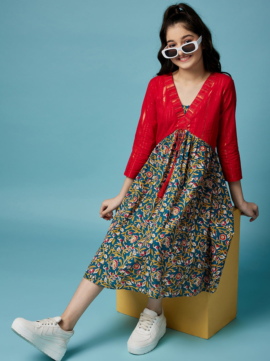 Floral Printed A-Line Cotton Midi Dress (IW-LUREXJAAL)