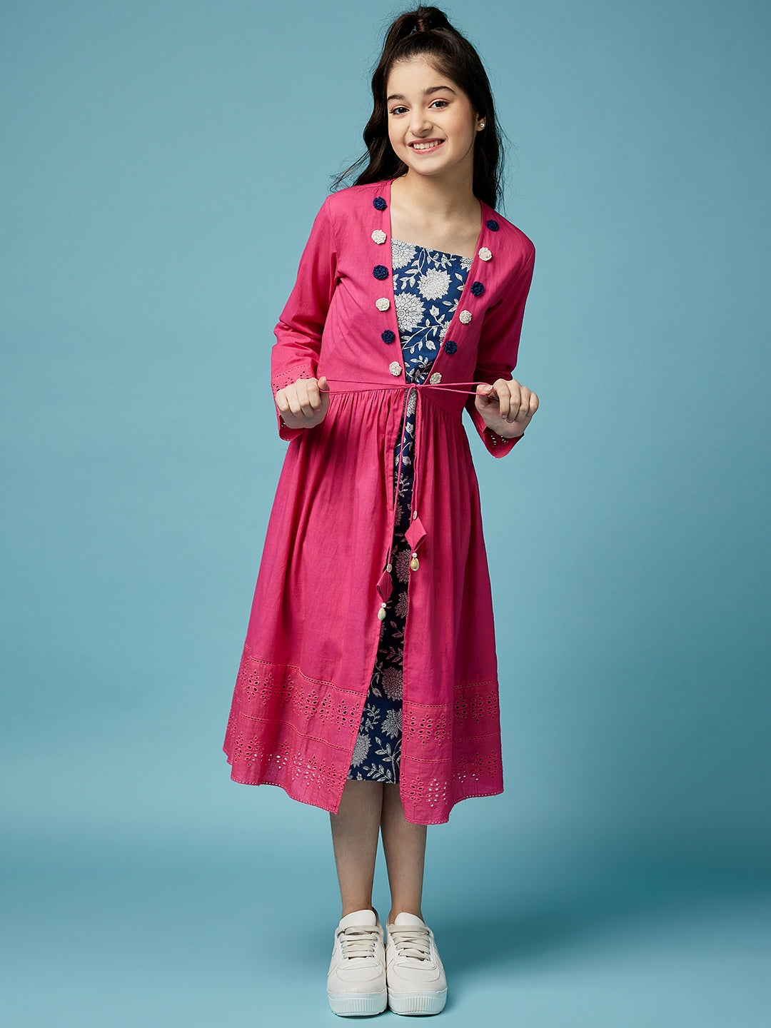 Girls Floral Printed Midi Cotton Dress With Schiffli Tie-Up Shrug (IW-MAGENTACAPE)