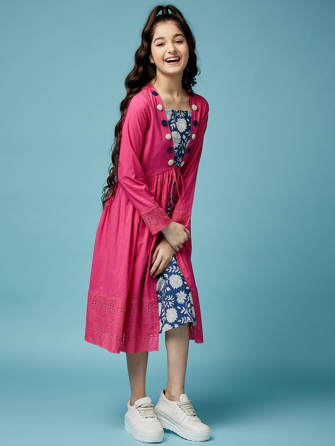 Girls Floral Printed Midi Cotton Dress With Schiffli Tie-Up Shrug (IW-MAGENTACAPE)