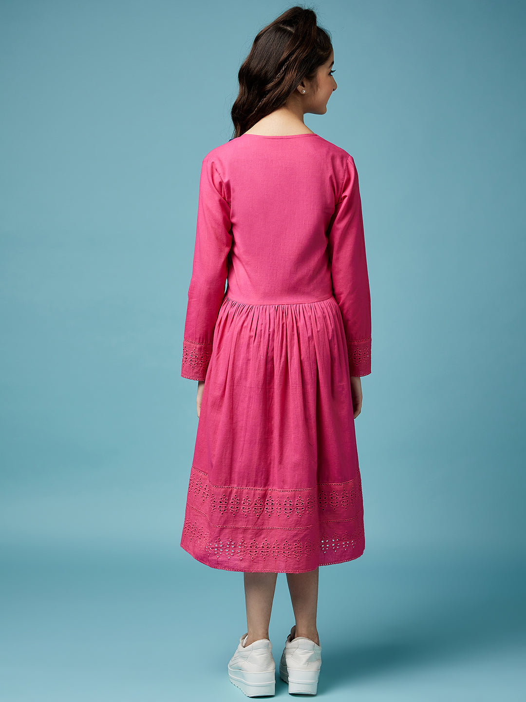 Girls Floral Printed Midi Cotton Dress With Schiffli Tie-Up Shrug (IW-MAGENTACAPE)