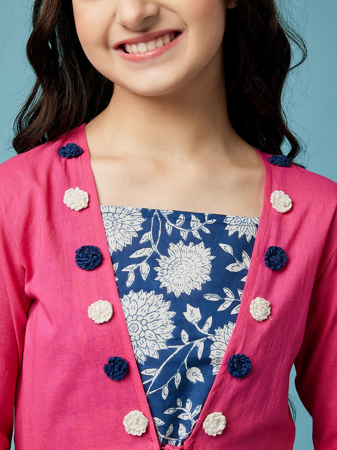 Girls Floral Printed Midi Cotton Dress With Schiffli Tie-Up Shrug (IW-MAGENTACAPE)