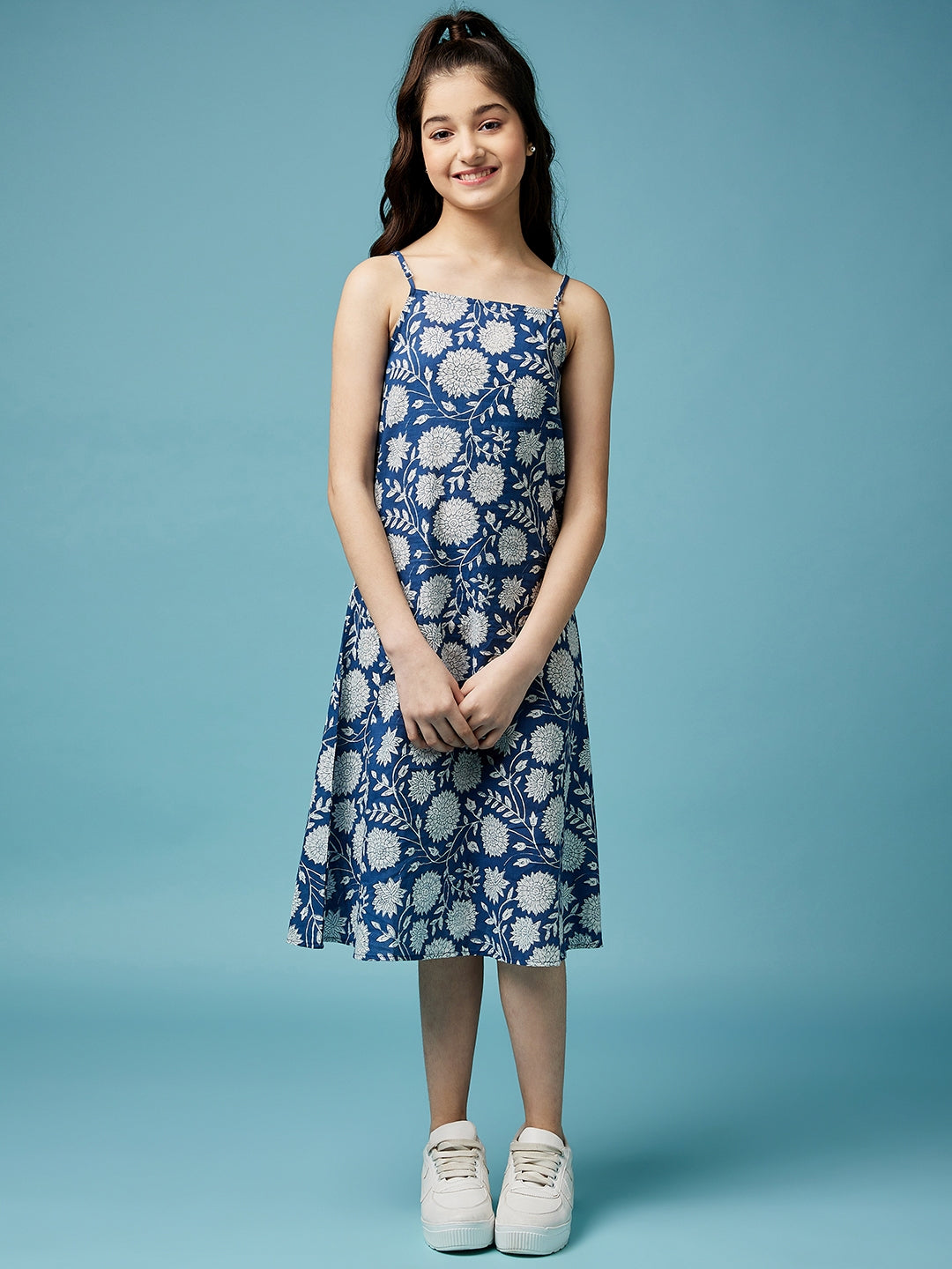 Girls Floral Printed Midi Cotton Dress With Schiffli Tie-Up Shrug (IW-MAGENTACAPE)