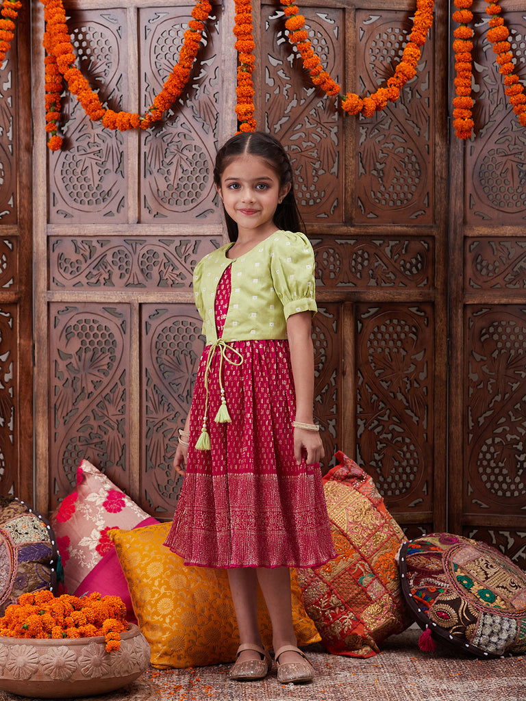 Girls Floral Printed Georgette Fit Flare Midi Ethnic Dress (IW-MAGENTACRINKLED)