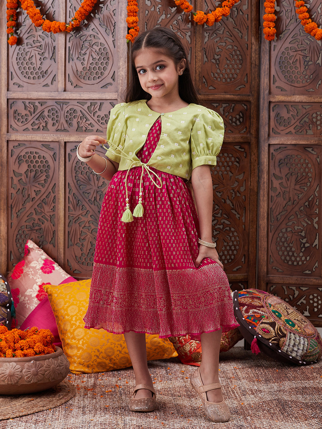 Girls Floral Printed Georgette Fit Flare Midi Ethnic Dress (IW-MAGENTACRINKLED)