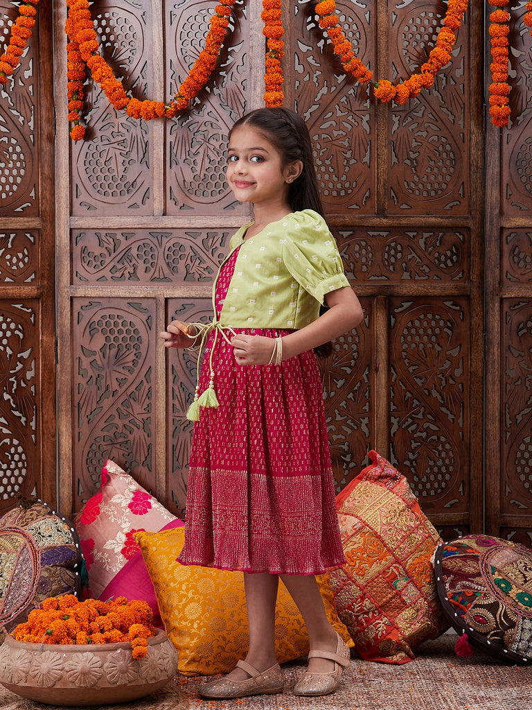 Girls Floral Printed Georgette Fit Flare Midi Ethnic Dress (IW-MAGENTACRINKLED)